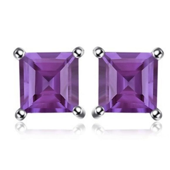Natural AMETHYST 4x4 princess Silver Earrings - Picture 1 of 3
